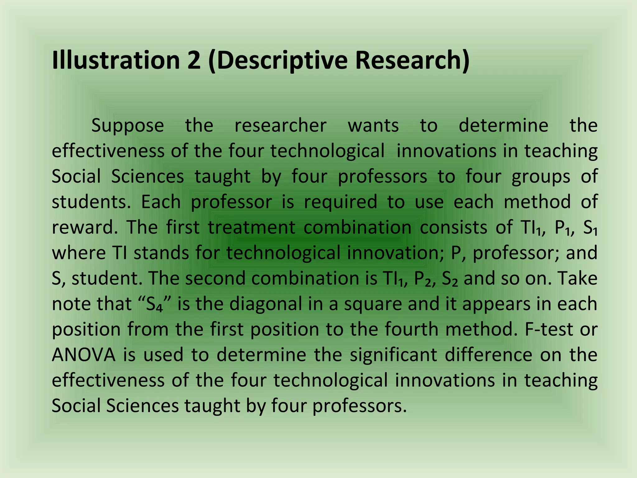 Illustration 2 (Descriptive Research)

     Suppose the researcher wants to determine the
effectiveness of the four technological innovations in teaching
Social Sciences taught by four professors to four groups of
students. Each professor is required to use each method of
reward. The first treatment combination consists of TI₁, P₁, S₁
where TI stands for technological innovation; P, professor; and
S, student. The second combination is TI₁, P₂, S₂ and so on. Take
note that “S₄” is the diagonal in a square and it appears in each
position from the first position to the fourth method. F-test or
ANOVA is used to determine the significant difference on the
effectiveness of the four technological innovations in teaching
Social Sciences taught by four professors.
 