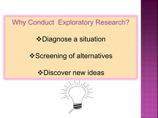 Why Conduct Exploratory Research?
Diagnose a situation
Screening of alternatives
Discover new ideas
 