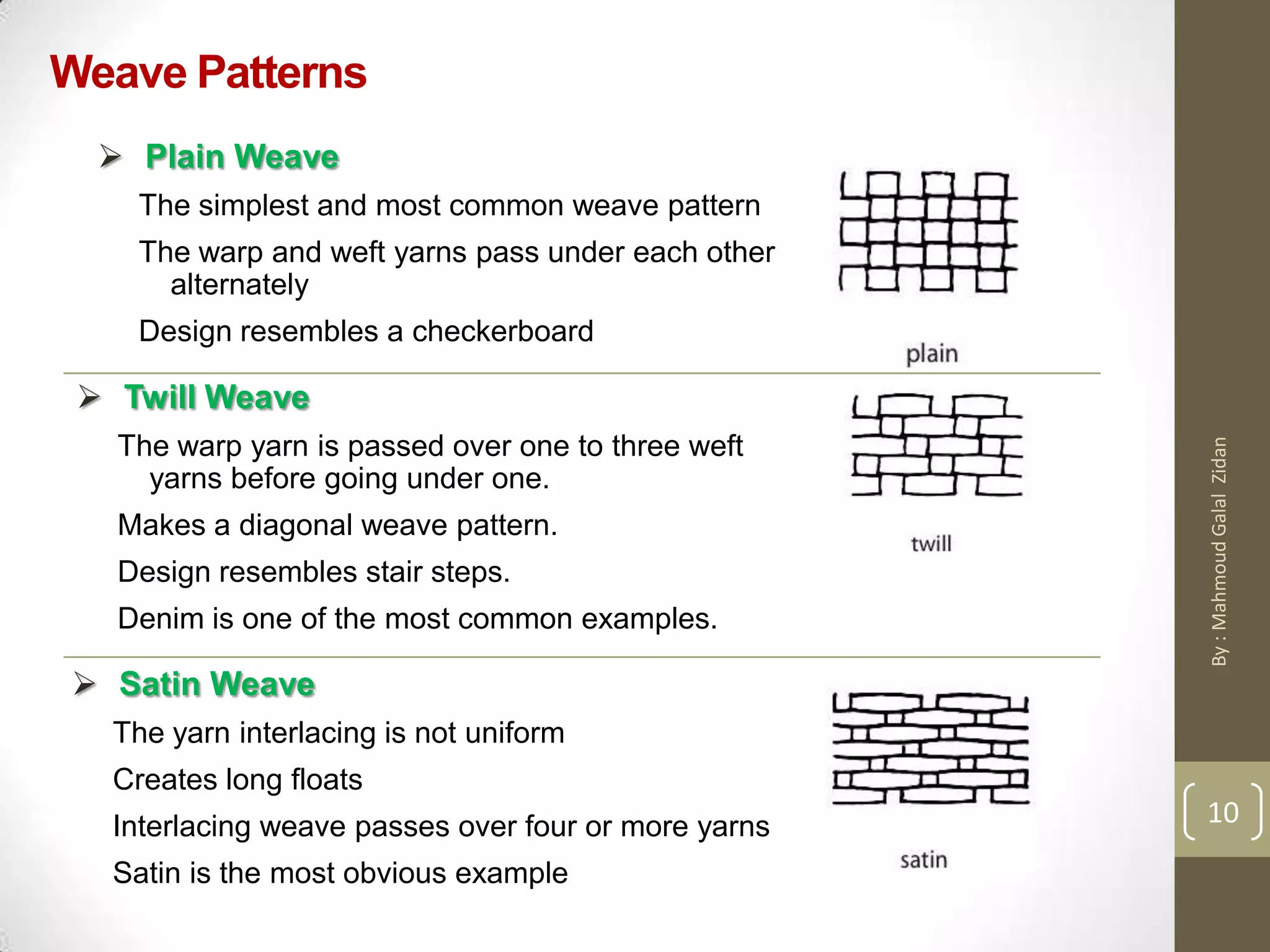 Weave Patterns
 Plain Weave
The simplest and most common weave pattern
The warp and weft yarns pass under each other
alternately
Design resembles a checkerboard
 Twill Weave
The warp yarn is passed over one to three weft
yarns before going under one.
Makes a diagonal weave pattern.
Design resembles stair steps.
Denim is one of the most common examples.
 Satin Weave
The yarn interlacing is not uniform
Creates long floats
Interlacing weave passes over four or more yarns
Satin is the most obvious example
10
By:MahmoudGalalZidan
 