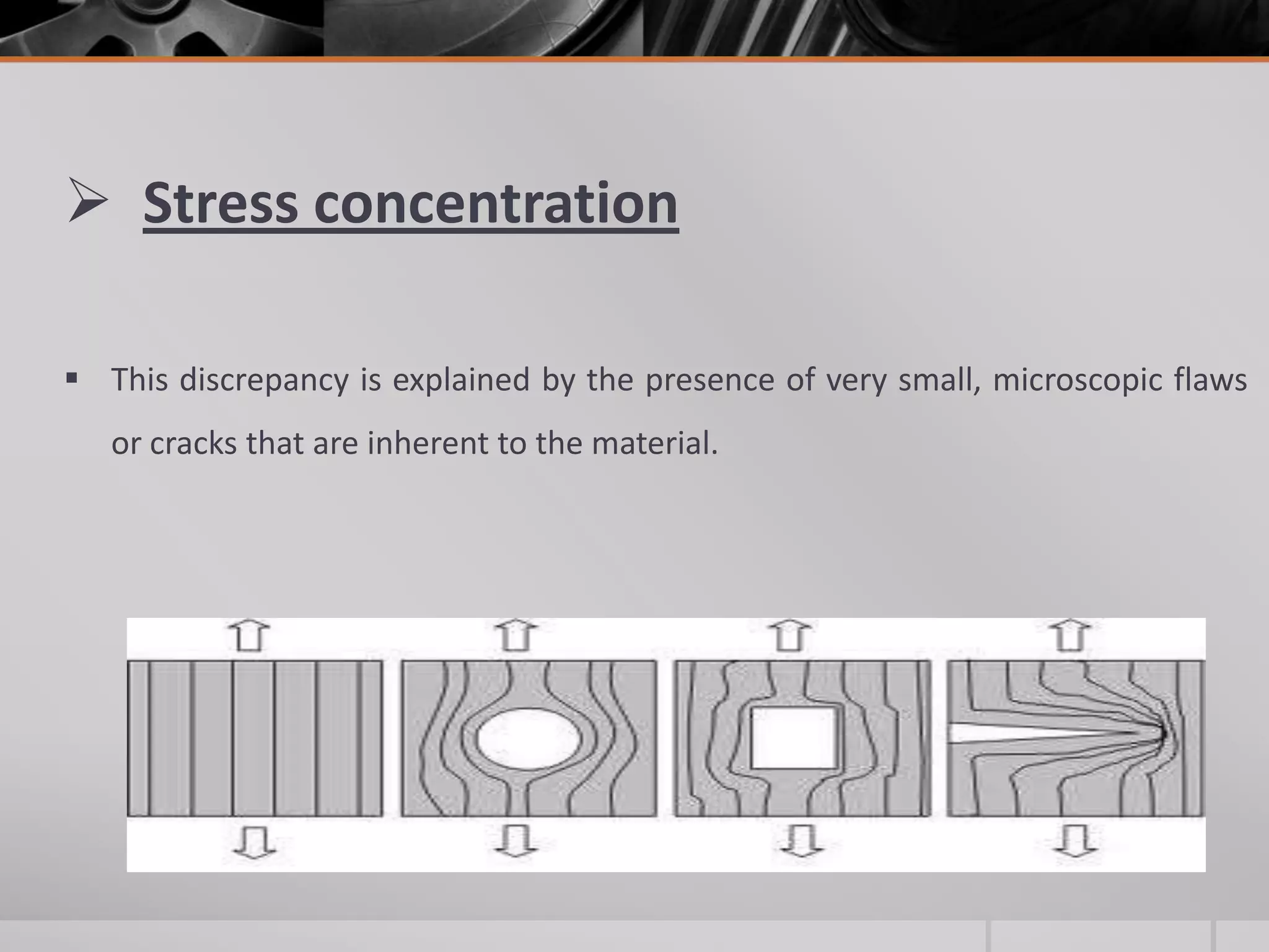  Stress concentration
 This discrepancy is explained by the presence of very small, microscopic flaws
or cracks that are inherent to the material.

 