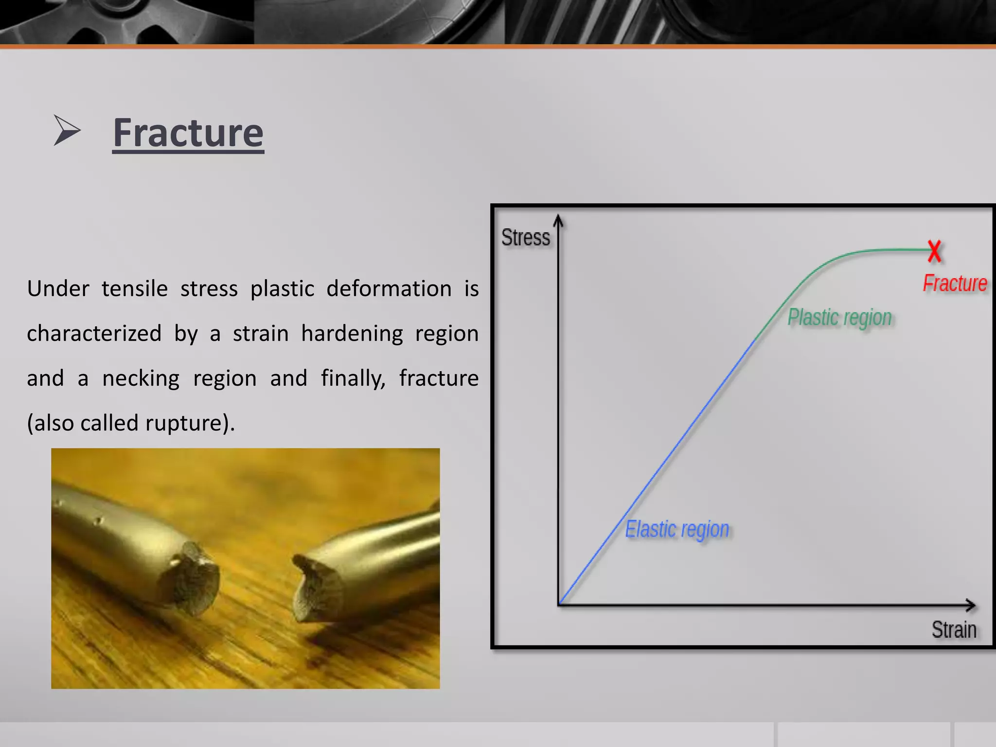  Fracture

Under tensile stress plastic deformation is
characterized by a strain hardening region
and a necking region and finally, fracture
(also called rupture).

 