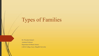 Types of Families
Dr. Priyanka Kumari
Assistant Professor
Department Of Home Science
G.B.M. College, Gaya, Magadh University
 