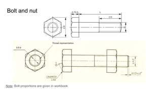 Bolt and nut
Note: Bolt proportions are given in workbook
 