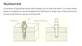 Stud/stud bolt
It consists of cylindrical shank with threads cut on both the ends. It is used where
there is no place for accommodating the bolt head or when one of the parts to be
joined is too thick to use an ordinary bolt.
 