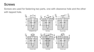 Screws
Screws are used for fastening two parts, one with clearance hole and the other
with tapped hole.
 
