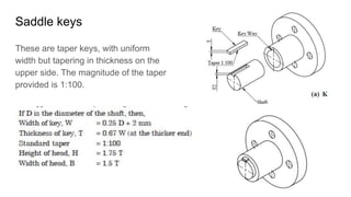 Saddle keys
These are taper keys, with uniform
width but tapering in thickness on the
upper side. The magnitude of the taper
provided is 1:100.
 