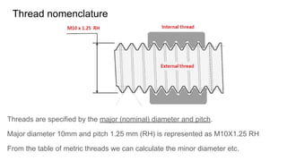 Thread nomenclature
Threads are specified by the major (nominal) diameter and pitch.
Major diameter 10mm and pitch 1.25 mm (RH) is represented as M10X1.25 RH
From the table of metric threads we can calculate the minor diameter etc.
 