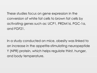 These studies focus on gene expression in the
conversion of white fat cells to brown fat cells by
activating genes such as: UCP1, PRDM16, PGC-1α,
and FGF21.
In a study conducted on mice, obesity was linked to
an increase in the appetite-stimulating neuropeptide
Y (NPR) protein, which helps regulate thirst, hunger,
and body temperature.
 