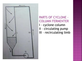 PARTS OF CYCLONE –
COLUMN FERMENTER
I – cyclone column
II – circulating pump
III – recirculating limb
 