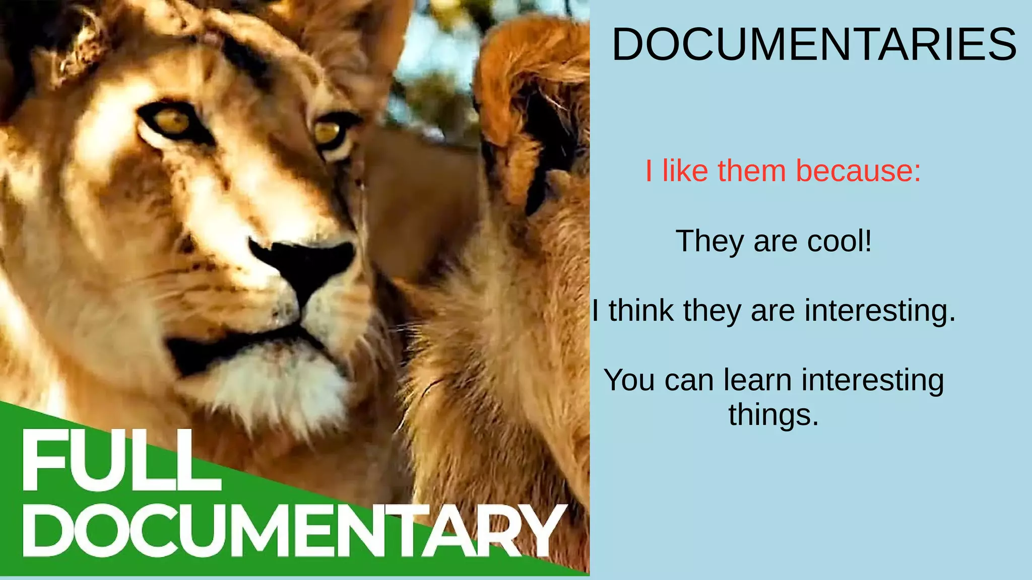 DOCUMENTARIES
I like them because:
They are cool!
I think they are interesting.
You can learn interesting
things.