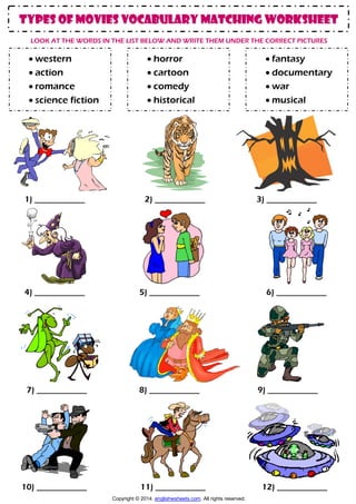 types of films movies esl vocabulary matching exercise worksheet