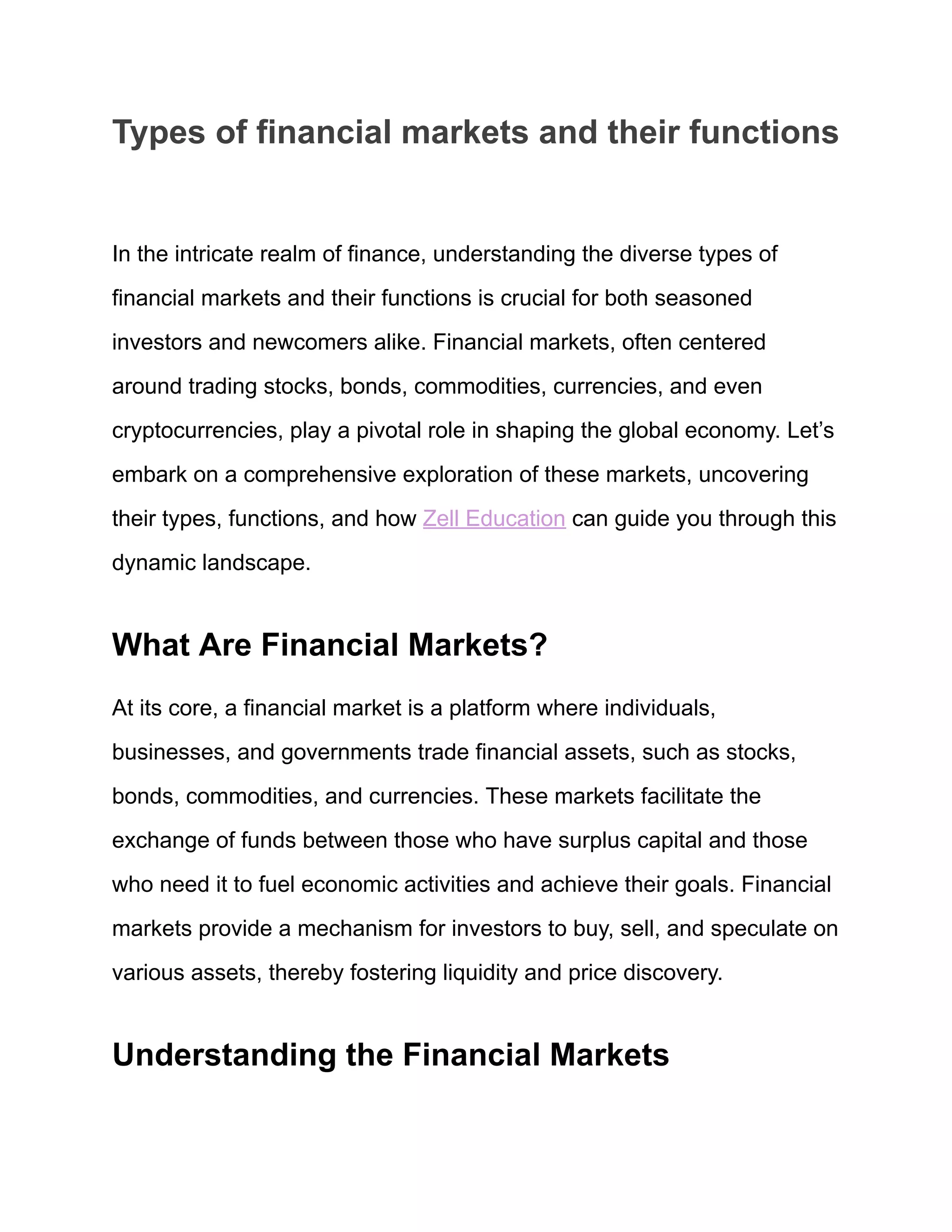Types of financial markets and their functions | PDF