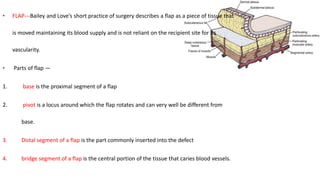 • FLAP---Bailey and Love’s short practice of surgery describes a flap as a piece of tissue that
is moved maintaining its blood supply and is not reliant on the recipient site for its
vascularity.
• Parts of flap —
1. base is the proximal segment of a flap
2. pivot is a locus around which the flap rotates and can very well be different from
base.
3. Distal segment of a flap is the part commonly inserted into the defect
4. bridge segment of a flap is the central portion of the tissue that caries blood vessels.
 
