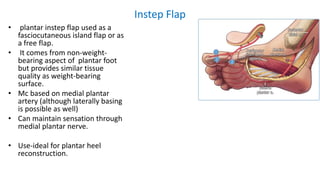 Instep Flap
• plantar instep flap used as a
fasciocutaneous island flap or as
a free flap.
• It comes from non-weight-
bearing aspect of plantar foot
but provides similar tissue
quality as weight-bearing
surface.
• Mc based on medial plantar
artery (although laterally basing
is possible as well)
• Can maintain sensation through
medial plantar nerve.
• Use-ideal for plantar heel
reconstruction.
 