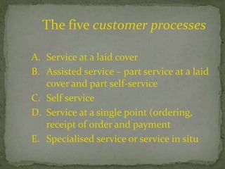 The five customer processes

A. Service at a laid cover
B. Assisted service – part service at a laid
   cover and part self-service
C. Self service
D. Service at a single point (ordering,
   receipt of order and payment
E. Specialised service or service in situ
 