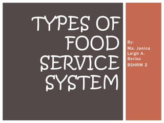 By:
Ma. Janica
Leigh A.
Beriso
BSHRM 2
TYPES OF
FOOD
SERVICE
SYSTEM
 