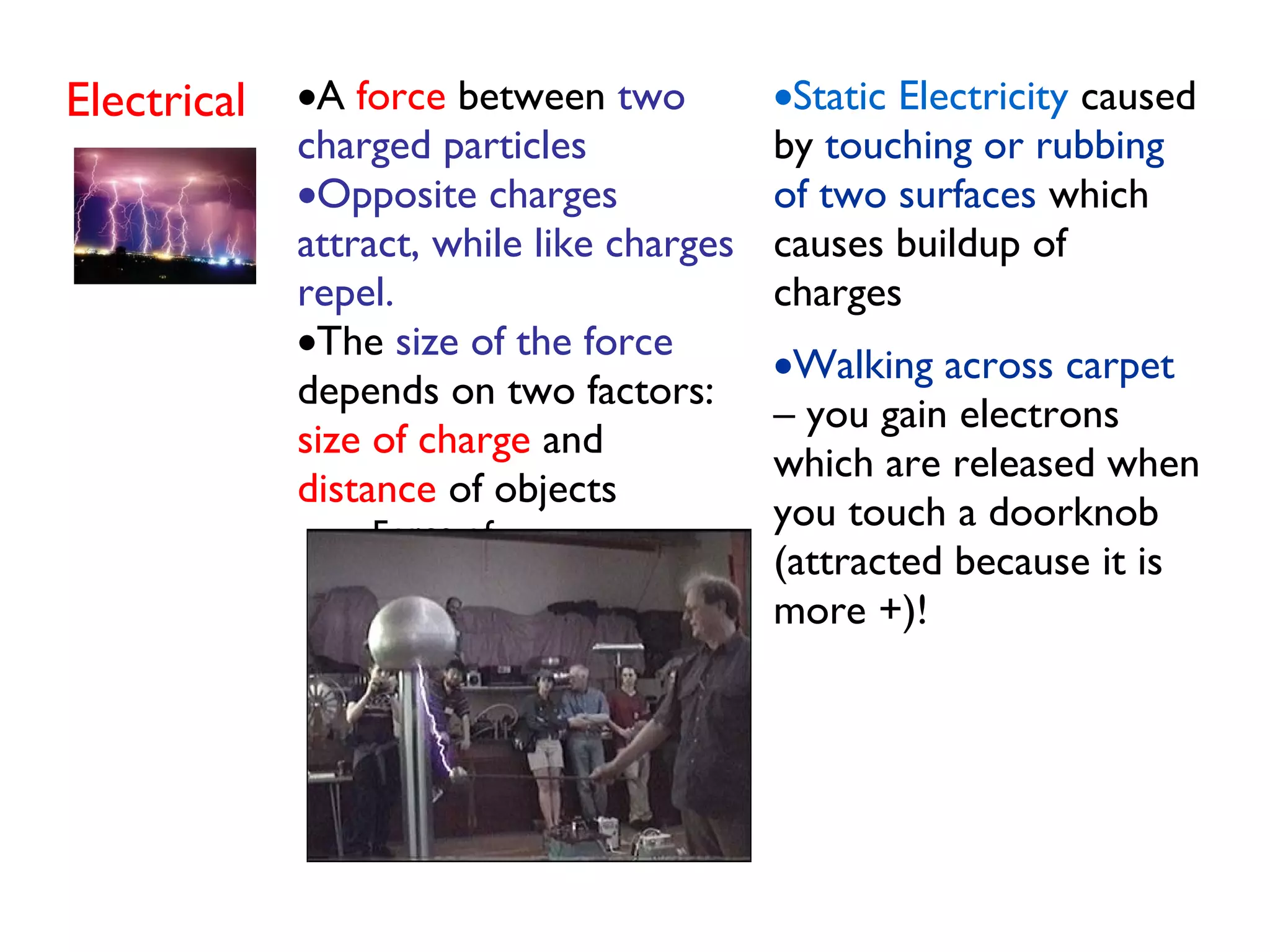 Electrical •A force between two
charged particles
•Opposite charges
attract, while like charges
repel.
•The size of the force
depends on two factors:
size of charge and
distance of objects
-Force of
attraction/repulsion
increases as the size of the
charge increases
-Force of
attraction/repulsion
increases as distance
decreases
•Static Electricity caused
by touching or rubbing
of two surfaces which
causes buildup of
charges
•Walking across carpet
– you gain electrons
which are released when
you touch a doorknob
(attracted because it is
more +)!
 