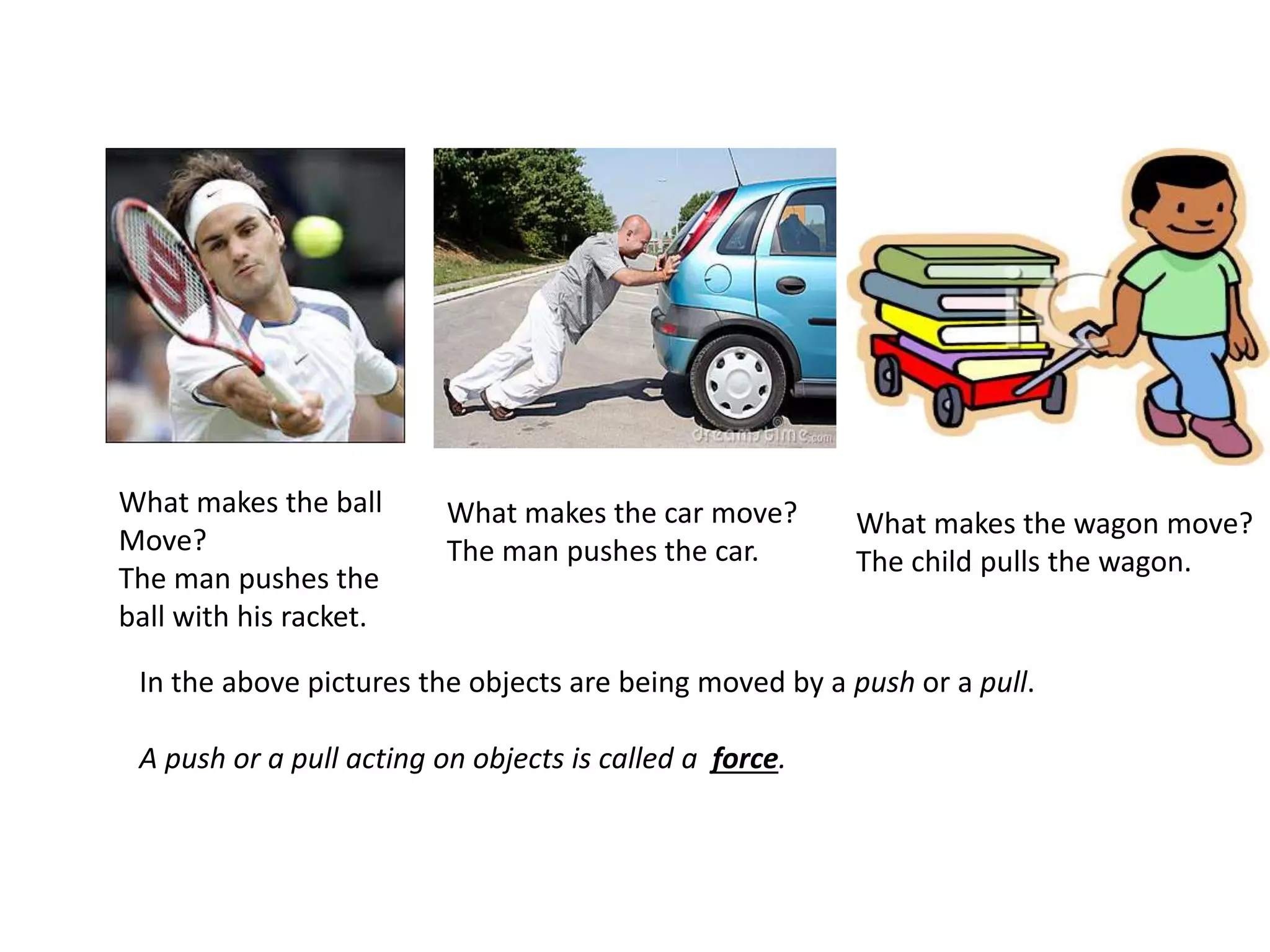 What makes the ball
Move?
The man pushes the
ball with his racket.
What makes the car move?
The man pushes the car.
What makes the wagon move?
The child pulls the wagon.
In the above pictures the objects are being moved by a push or a pull.
A push or a pull acting on objects is called a force.