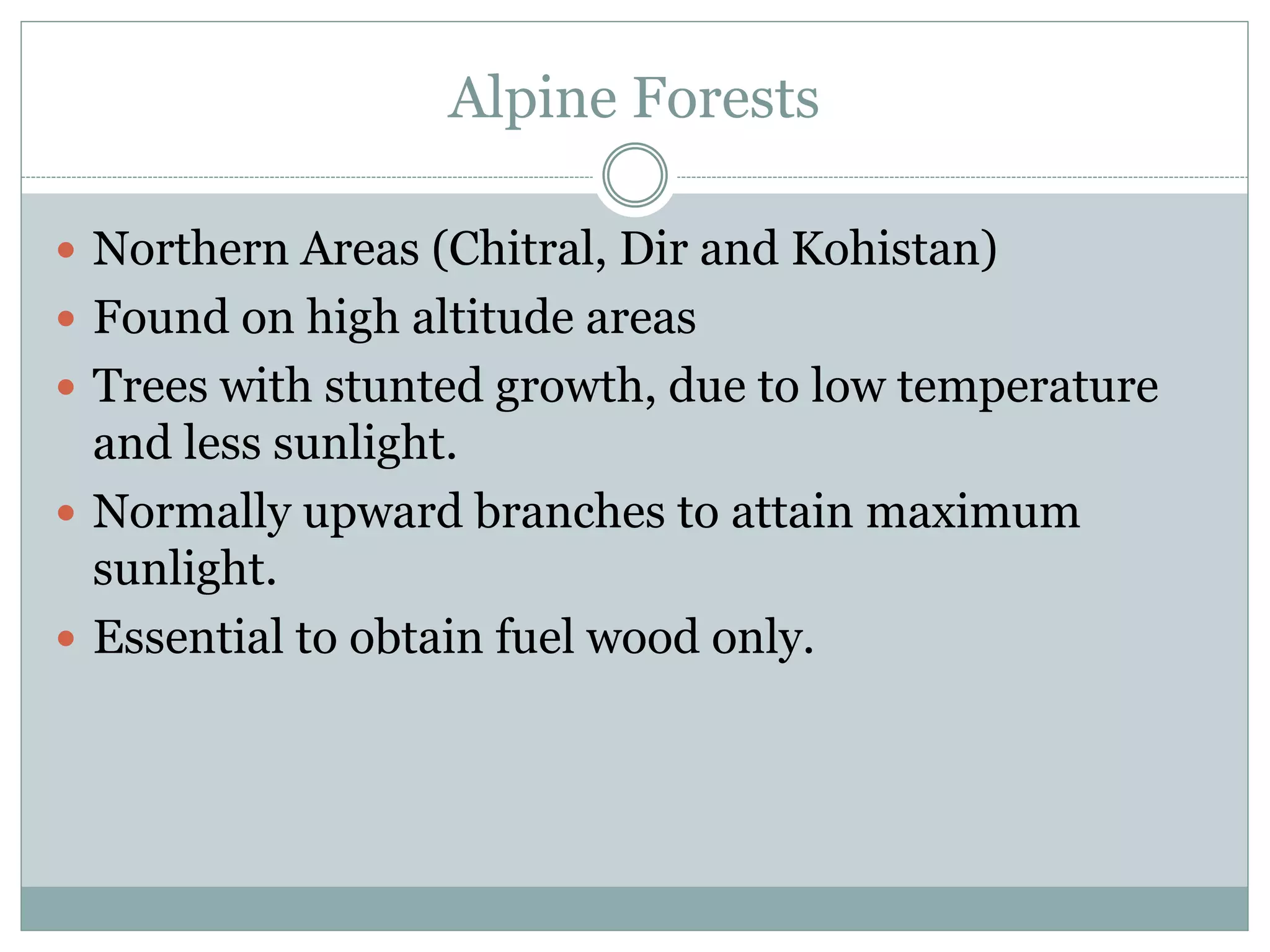 Alpine Forests
 Northern Areas (Chitral, Dir and Kohistan)
 Found on high altitude areas
 Trees with stunted growth, due to low temperature
and less sunlight.
 Normally upward branches to attain maximum
sunlight.
 Essential to obtain fuel wood only.
 