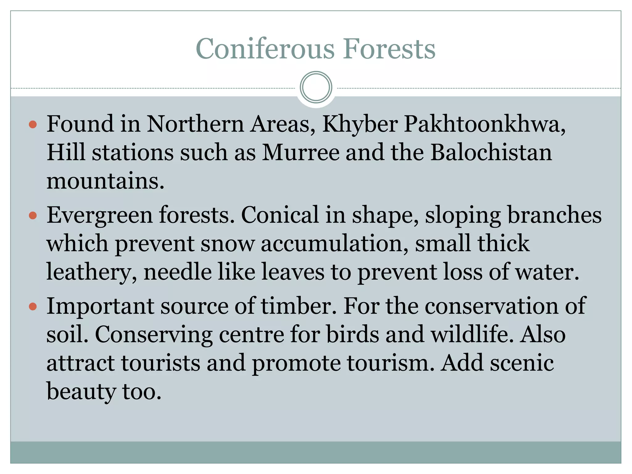 Coniferous Forests
 Found in Northern Areas, Khyber Pakhtoonkhwa,
Hill stations such as Murree and the Balochistan
mountains.
 Evergreen forests. Conical in shape, sloping branches
which prevent snow accumulation, small thick
leathery, needle like leaves to prevent loss of water.
 Important source of timber. For the conservation of
soil. Conserving centre for birds and wildlife. Also
attract tourists and promote tourism. Add scenic
beauty too.
 