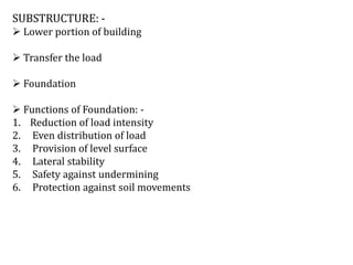 SUBSTRUCTURE: -
 Lower portion of building
 Transfer the load
 Foundation
 Functions of Foundation: -
1. Reduction of load intensity
2. Even distribution of load
3. Provision of level surface
4. Lateral stability
5. Safety against undermining
6. Protection against soil movements
 