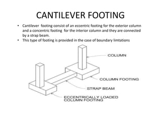 CANTILEVER FOOTING
• Cantilever footing consist of an eccentric footing for the exterior column
and a concentric footing for the interior column and they are connected
by a strap beam.
• This type of footing is provided in the case of boundary limtations
 