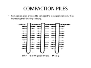 COMPACTION PILES
• Compaction piles are used to compact the loose granular soils, thus
increasing their bearing capacity.
 