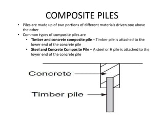 COMPOSITE PILES
• Piles are made up of two portions of different materials driven one above
the other
• Common types of composite piles are
• Timber and concrete composite pile – Timber pile is attached to the
lower end of the concrete pile
• Steel and Concrete Composite Pile – A steel or H pile is attached to the
lower end of the concrete pile
 