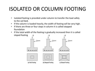 ISOLATED OR COLUMN FOOTING
• Isolated footing is provided under column to transfer the load safely
to the soil bed.
• If the column is loaded heavily, the width of footing will be very high.
• If there are three or four steps in column it is called stepped
foundation
• If the total width of the footing is gradually increased then it is called
sloped footing
 