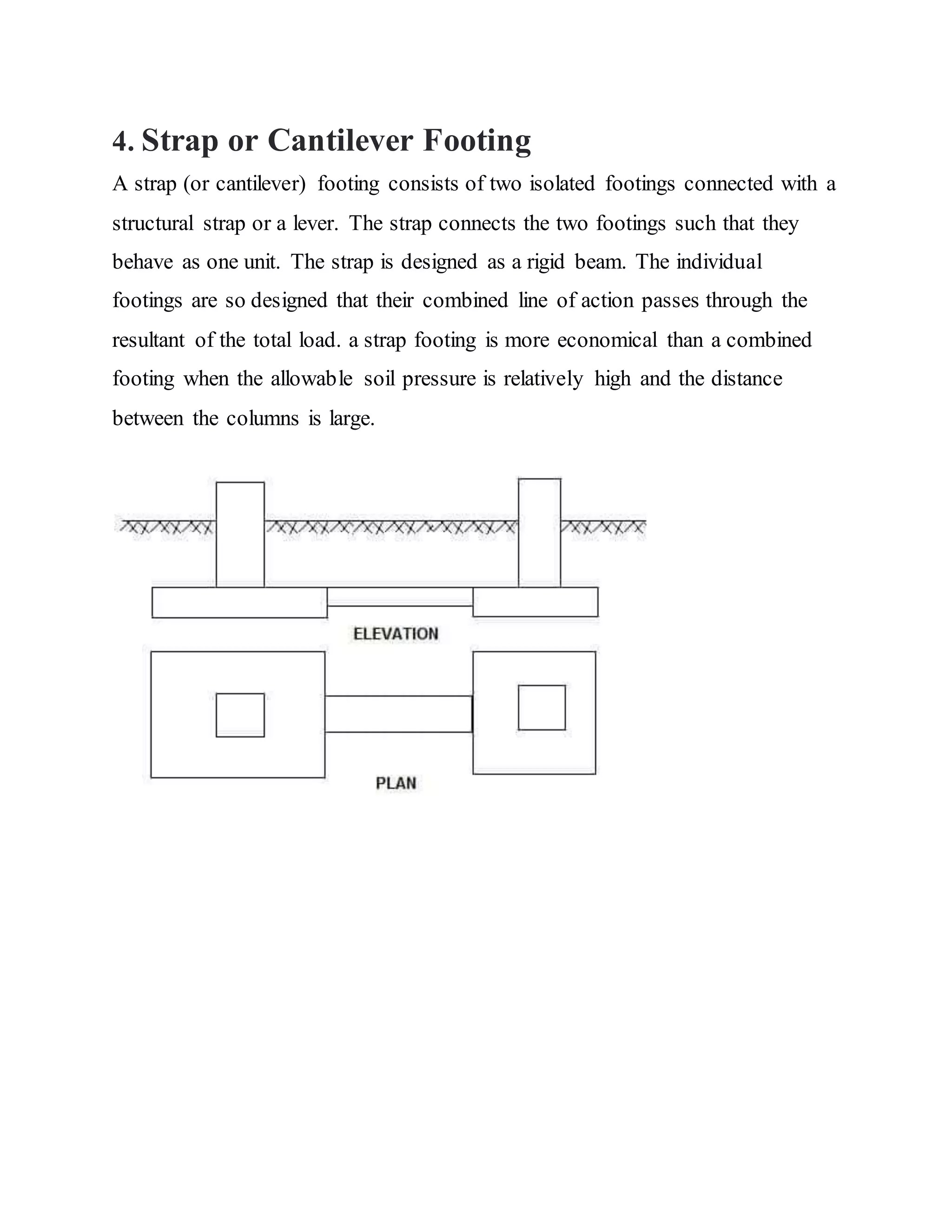 4. Strap or Cantilever Footing
A strap (or cantilever) footing consists of two isolated footings connected with a
structural strap or a lever. The strap connects the two footings such that they
behave as one unit. The strap is designed as a rigid beam. The individual
footings are so designed that their combined line of action passes through the
resultant of the total load. a strap footing is more economical than a combined
footing when the allowable soil pressure is relatively high and the distance
between the columns is large.
 