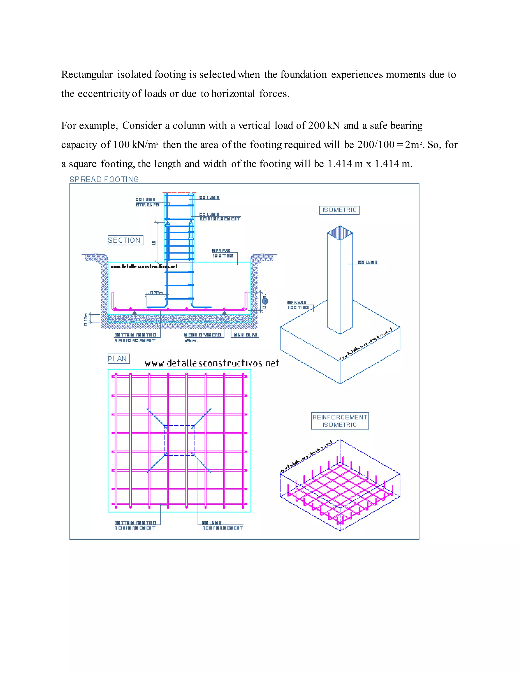 Rectangular isolated footing is selectedwhen the foundation experiences moments due to
the eccentricityof loads or due to horizontal forces.
For example, Consider a column with a vertical load of 200 kN and a safe bearing
capacity of 100 kN/m2
then the area of the footing required will be 200/100 = 2m2
. So, for
a square footing, the length and width of the footing will be 1.414 m x 1.414 m.
 
