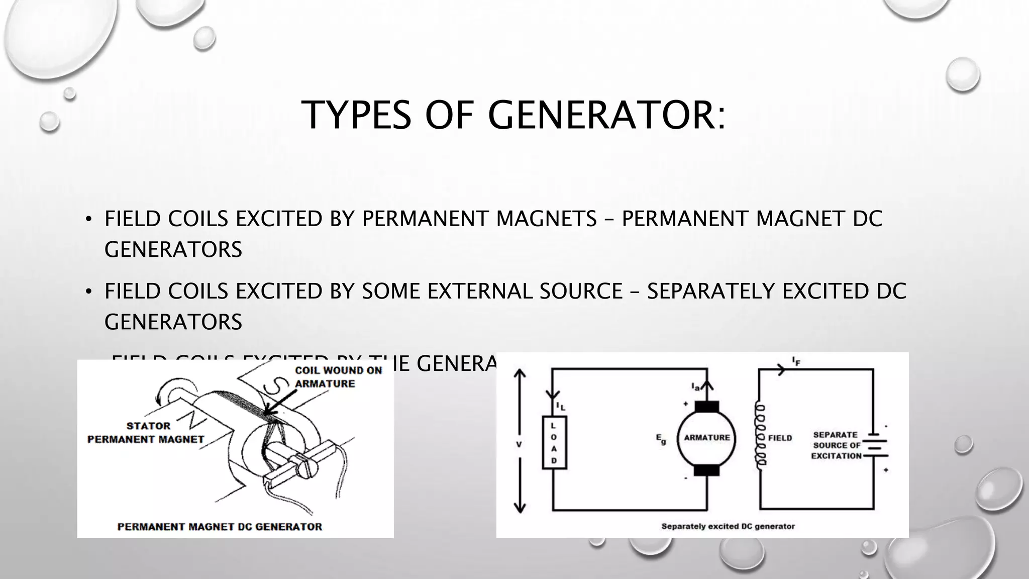 TYPES OF GENERATOR:
• FIELD COILS EXCITED BY PERMANENT MAGNETS – PERMANENT MAGNET DC
GENERATORS
• FIELD COILS EXCITED BY SOME EXTERNAL SOURCE – SEPARATELY EXCITED DC
GENERATORS
• FIELD COILS EXCITED BY THE GENERATOR ITSELF – SELF EXCITED DC
GENERATORS
 