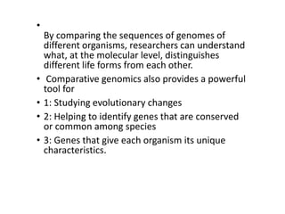 •
By comparing the sequences of genomes of
different organisms, researchers can understand
what, at the molecular level, distinguishes
different life forms from each other.
• Comparative genomics also provides a powerful
tool for
• 1: Studying evolutionary changes
• 2: Helping to identify genes that are conserved
or common among species
• 3: Genes that give each organism its unique
characteristics.
 