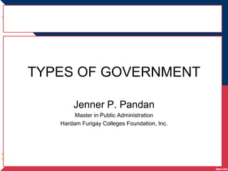 TYPES OF GOVERNMENT
Jenner P. Pandan
Master in Public Administration
Hardam Furigay Colleges Foundation, Inc.
 