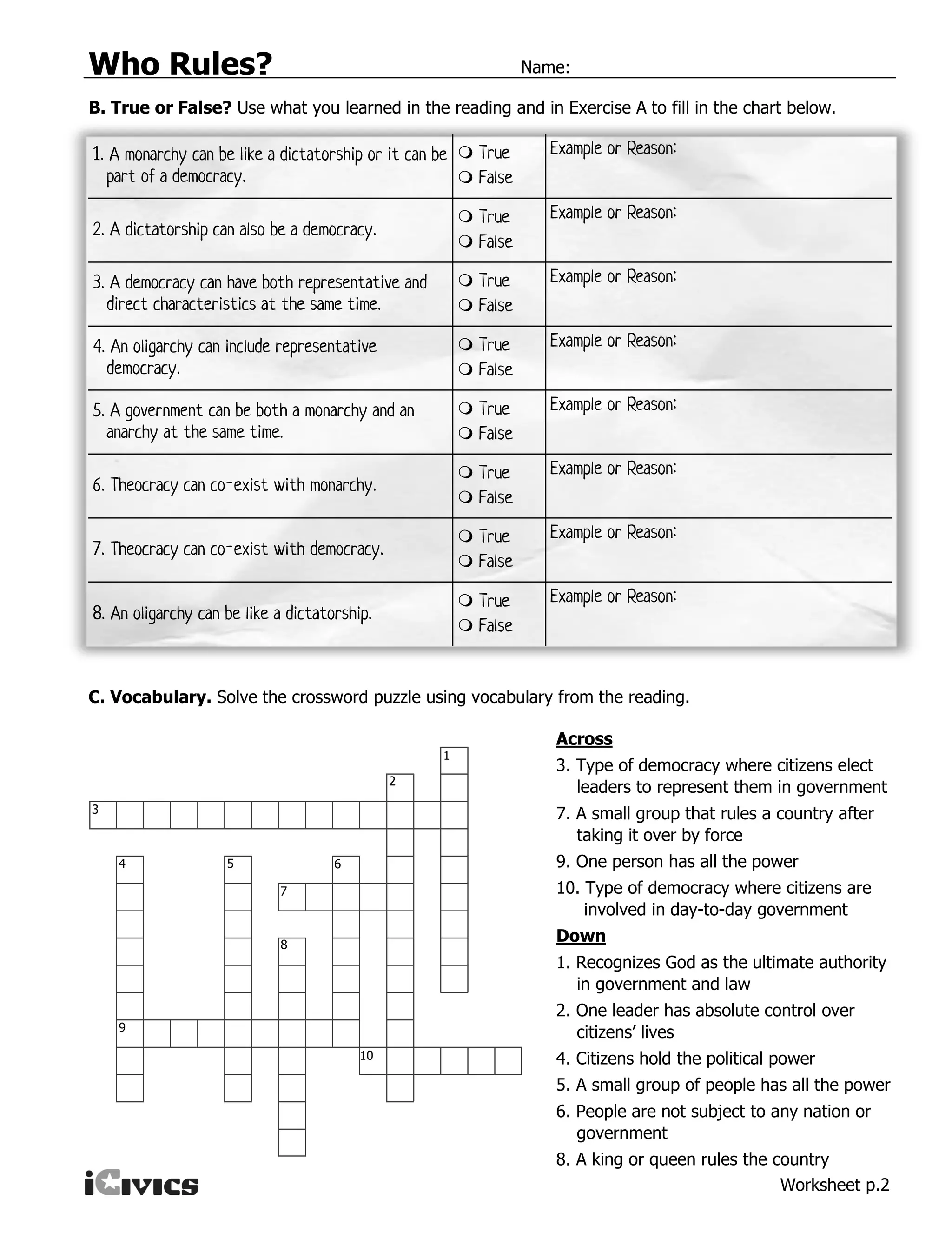 Who Rules? Name:
Worksheet p.2
C. Vocabulary. Solve the crossword puzzle using vocabulary from the reading.
Across
3. Type of democracy where citizens elect
leaders to represent them in government
7. A small group that rules a country after
taking it over by force
9. One person has all the power
10. Type of democracy where citizens are
involved in day-to-day government
Down
1. Recognizes God as the ultimate authority
in government and law
2. One leader has absolute control over
citizens’ lives
4. Citizens hold the political power
5. A small group of people has all the power
6. People are not subject to any nation or
government
8. A king or queen rules the country
1
2
3
4 65
7
8
10
9
B. True or False? Use what you learned in the reading and in Exercise A to fill in the chart below.
















 