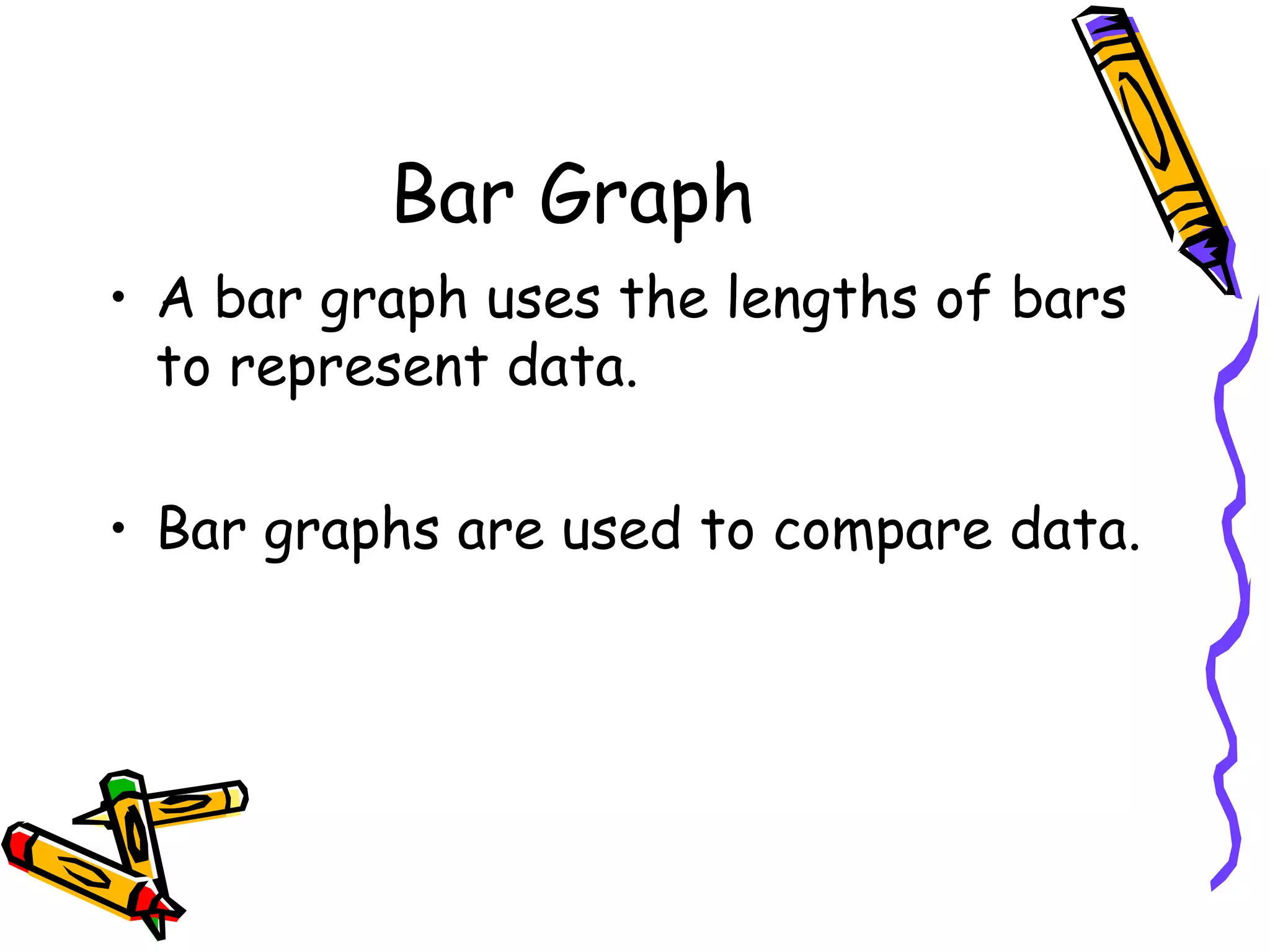 Bar Graph A bar graph uses the lengths of bars to represent data. Bar graphs are used to compare data.