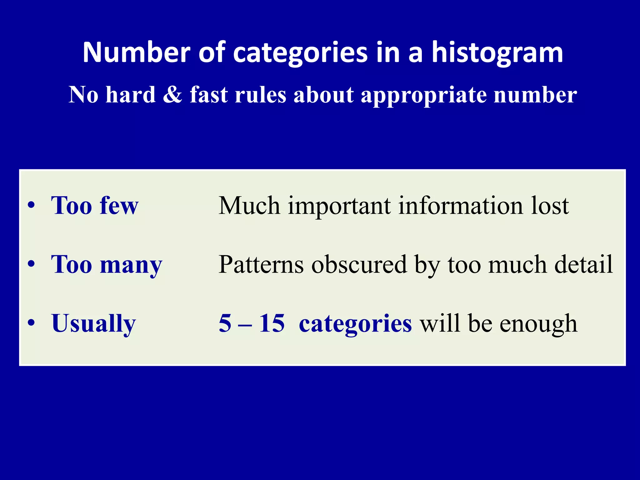 Number of categories in a histogram 
No hard & fast rules about appropriate number 
• Too few Much important information lost 
• Too many Patterns obscured by too much detail 
• Usually 5 – 15 categories will be enough 
 