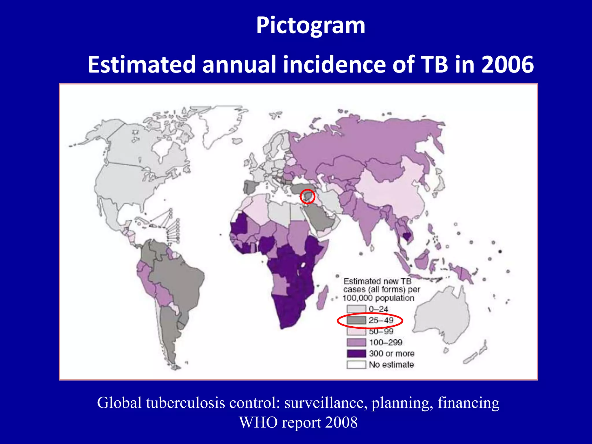 Pictogram 
Estimated annual incidence of TB in 2006 
Global tuberculosis control: surveillance, planning, financing 
WHO report 2008 
 