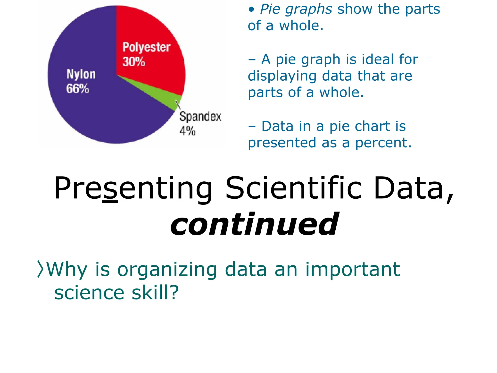 • Pie graphs show the parts
of a whole.
– A pie graph is ideal for
displaying data that are
parts of a whole.
– Data in a pie chart is
presented as a percent.
Presenting Scientific Data,
continued
〉Why is organizing data an important
science skill?
 