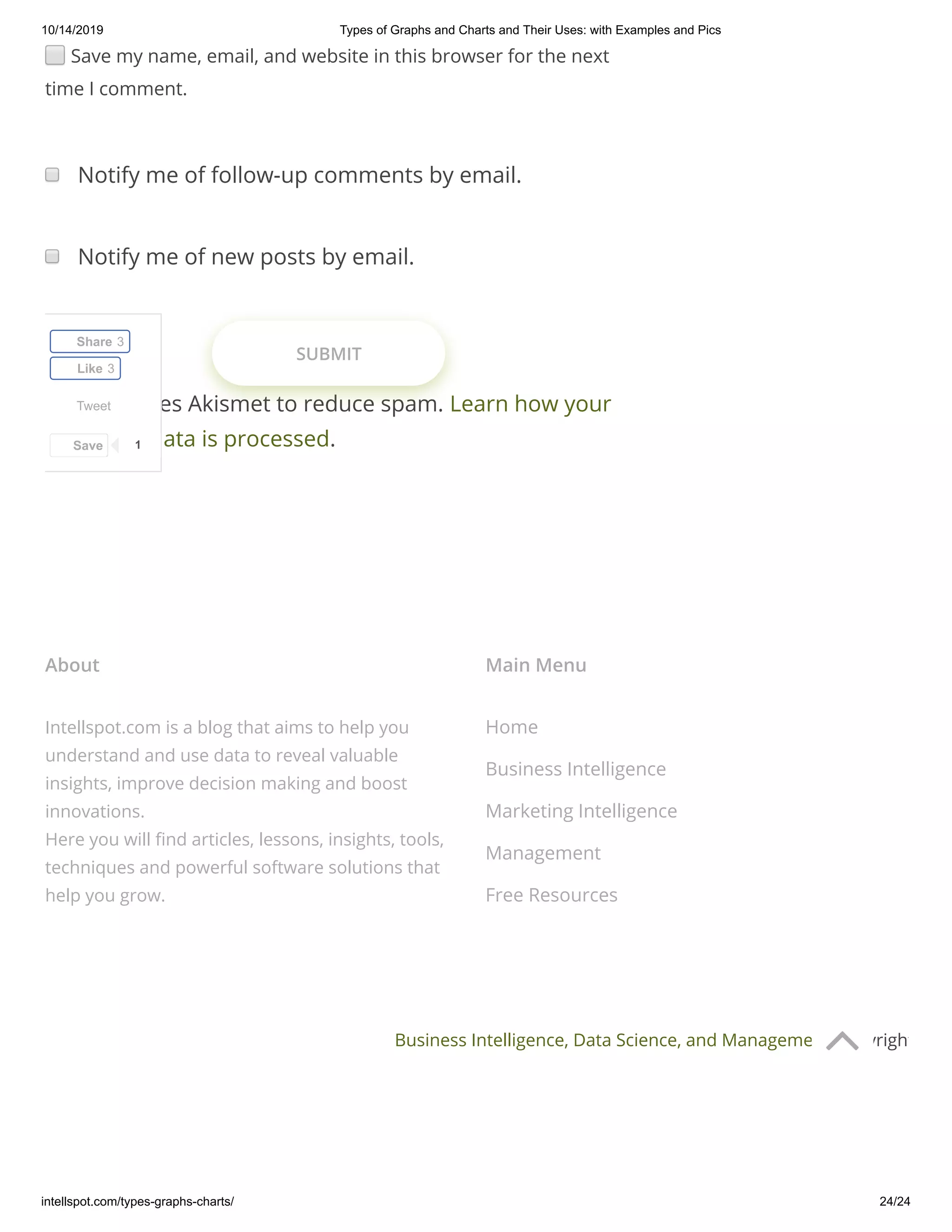 10/14/2019 Types of Graphs and Charts and Their Uses: with Examples and Pics
intellspot.com/types-graphs-charts/ 24/24
This site uses Akismet to reduce spam. Learn how your
comment data is processed.
Save my name, email, and website in this browser for the next
time I comment.
Notify me of follow-up comments by email.
Notify me of new posts by email.
SUBMIT
Tweet
Share 3
Like 3
Save 1
About
Intellspot.com is a blog that aims to help you
understand and use data to reveal valuable
insights, improve decision making and boost
innovations.
Here you will nd articles, lessons, insights, tools,
techniques and powerful software solutions that
help you grow.
Main Menu
Home
Business Intelligence
Marketing Intelligence
Management
Free Resources
Business Intelligence, Data Science, and Management Copyright

 
