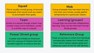 This is usually a small group, of around
3-8 people, that would work as a team
to accomplish their goals.
similar to a squad, though a team may
contain many more members., works
in a similar way to a squad
Squad
Squad
Team
Team
Posse/ Street group
Posse/ Street group
Mob
Mob
Reference Group
Reference Group
Learning (groups)
Learning (groups)
A posse was initially an American
term for a group of citizens that had
banded together to enforce the law.
Group of people that has taken the law
into their own hands, usually gather
temporarily for a particular reason.
These are groups to which the individual
conceptually relates him/ herself, and
from which he/she adopts goals and
values as a part of his/ her self identity.
Groups that can promote collaborative
learning. They can be Informal/ Formal/
Study groups.
 