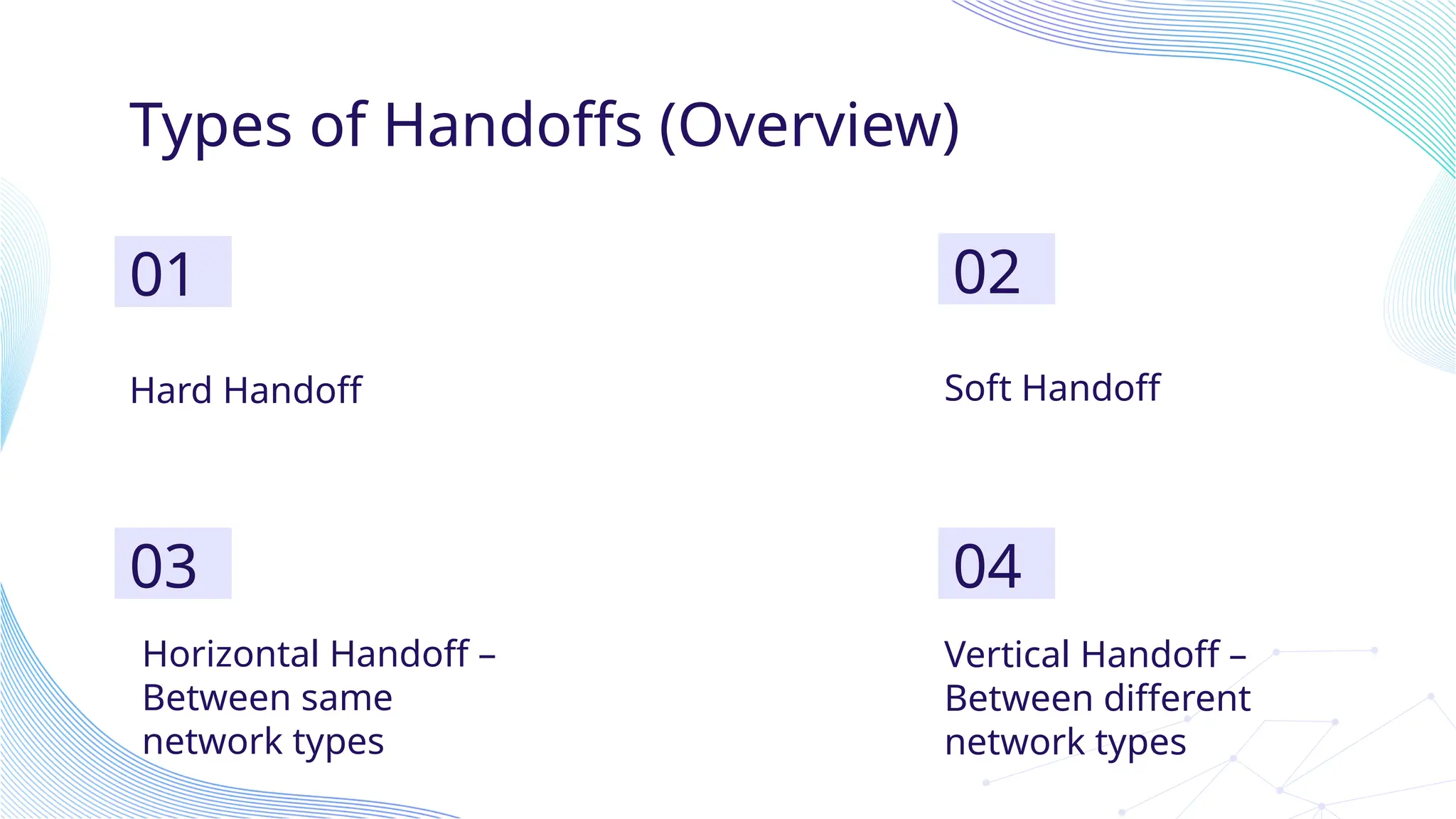 Types of Handoffs (Overview)
01
04
02
03
Hard Handoff Soft Handoff
Horizontal Handoff –
Between same
network types
Vertical Handoff –
Between different
network types
 