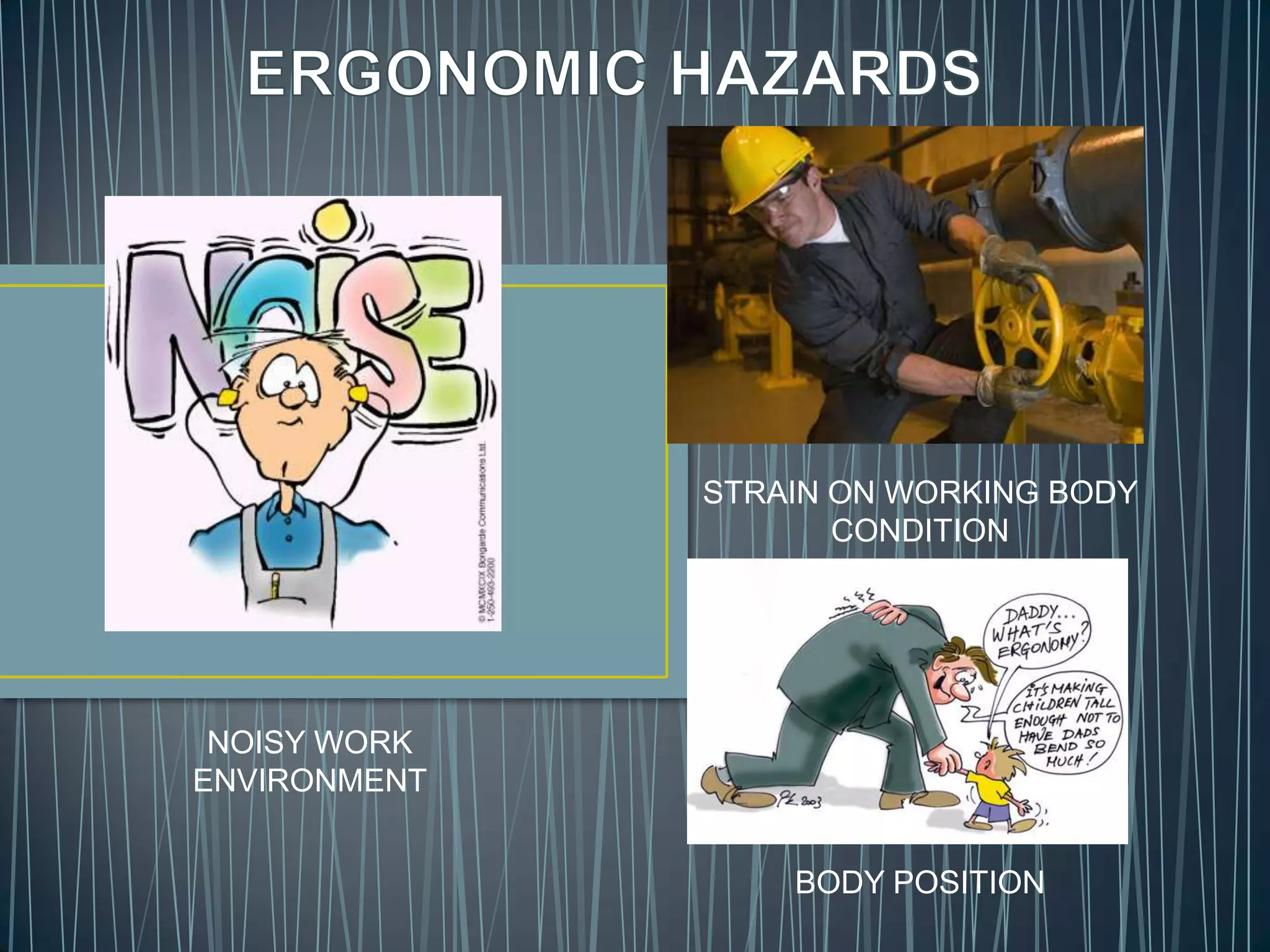 NOISY WORK
ENVIRONMENT
STRAIN ON WORKING BODY
CONDITION
BODY POSITION
 
