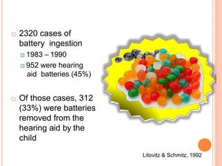  2320 cases of
battery ingestion
 1983 – 1990
 952 were hearing
aid batteries (45%)
 Of those cases, 312
(33%) were batteries
removed from the
hearing aid by the
child
Litovitz & Schmitz, 1992
 