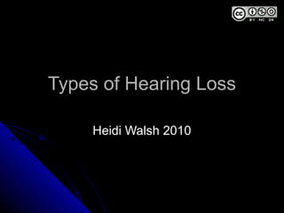 Types of Hearing LossTypes of Hearing Loss
Heidi Walsh 2010Heidi Walsh 2010
 