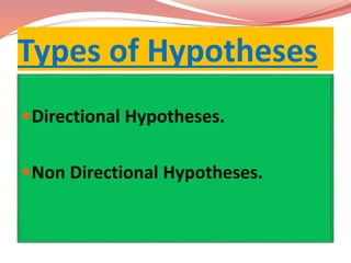 Types of Hypotheses
Directional Hypotheses.
Non Directional Hypotheses.
 