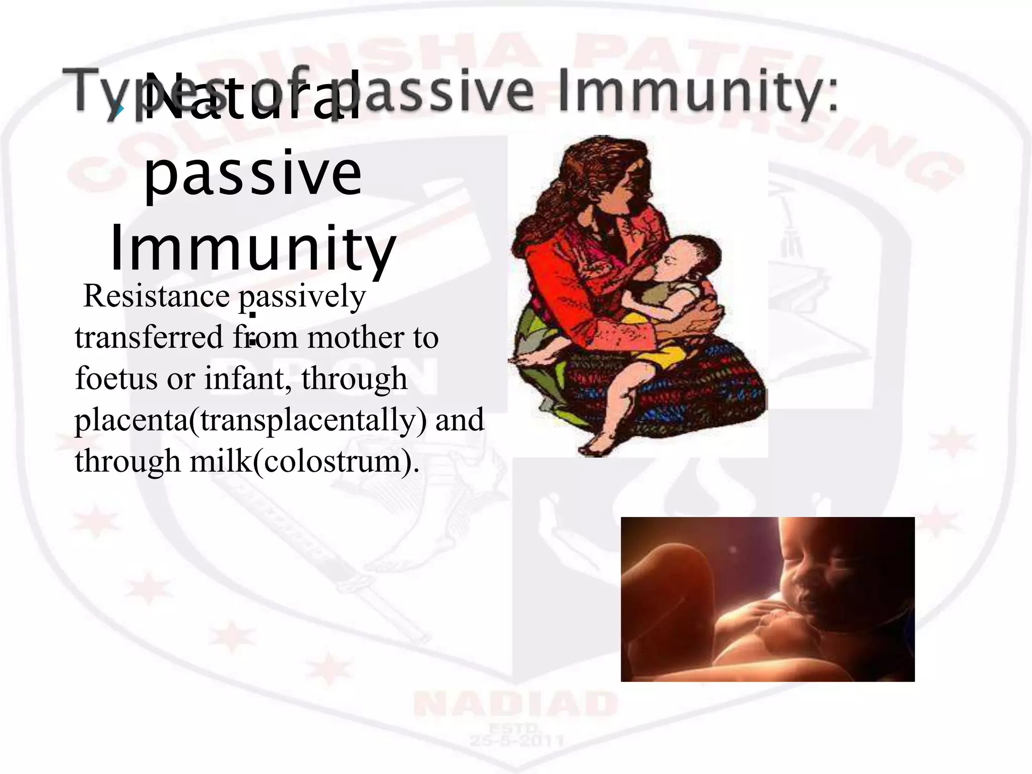  Natural
passive
Immunity
:
Resistance passively
transferred from mother to
foetus or infant, through
placenta(transplacentally) and
through milk(colostrum).
 
