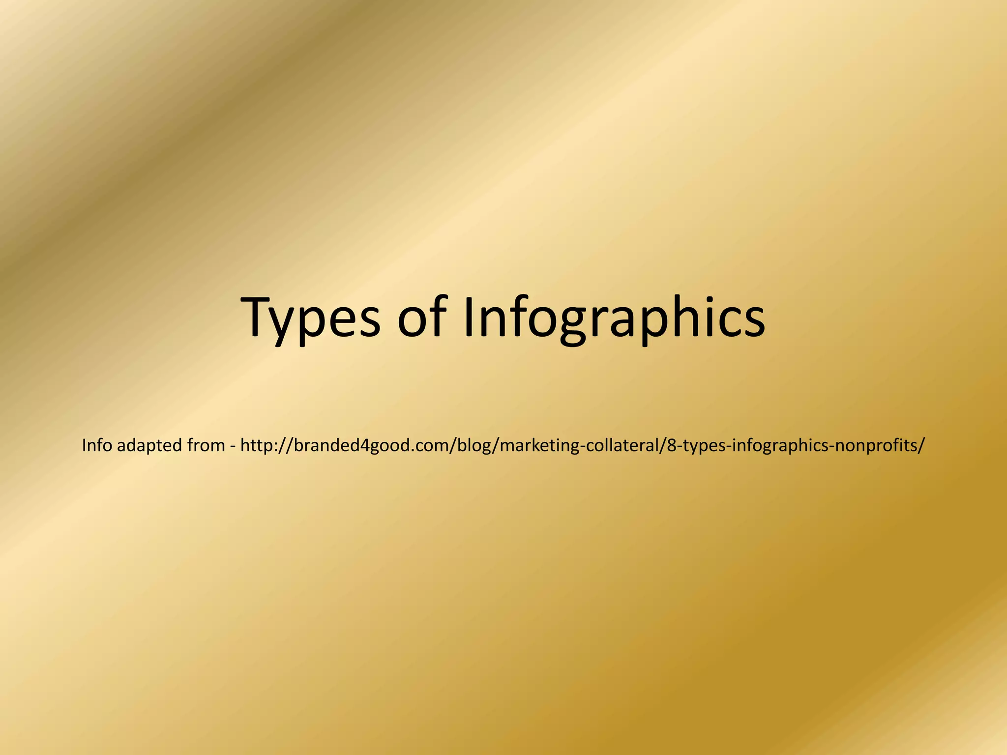 Types of Infographics
Info adapted from - http://branded4good.com/blog/marketing-collateral/8-types-infographics-nonprofits/
 
