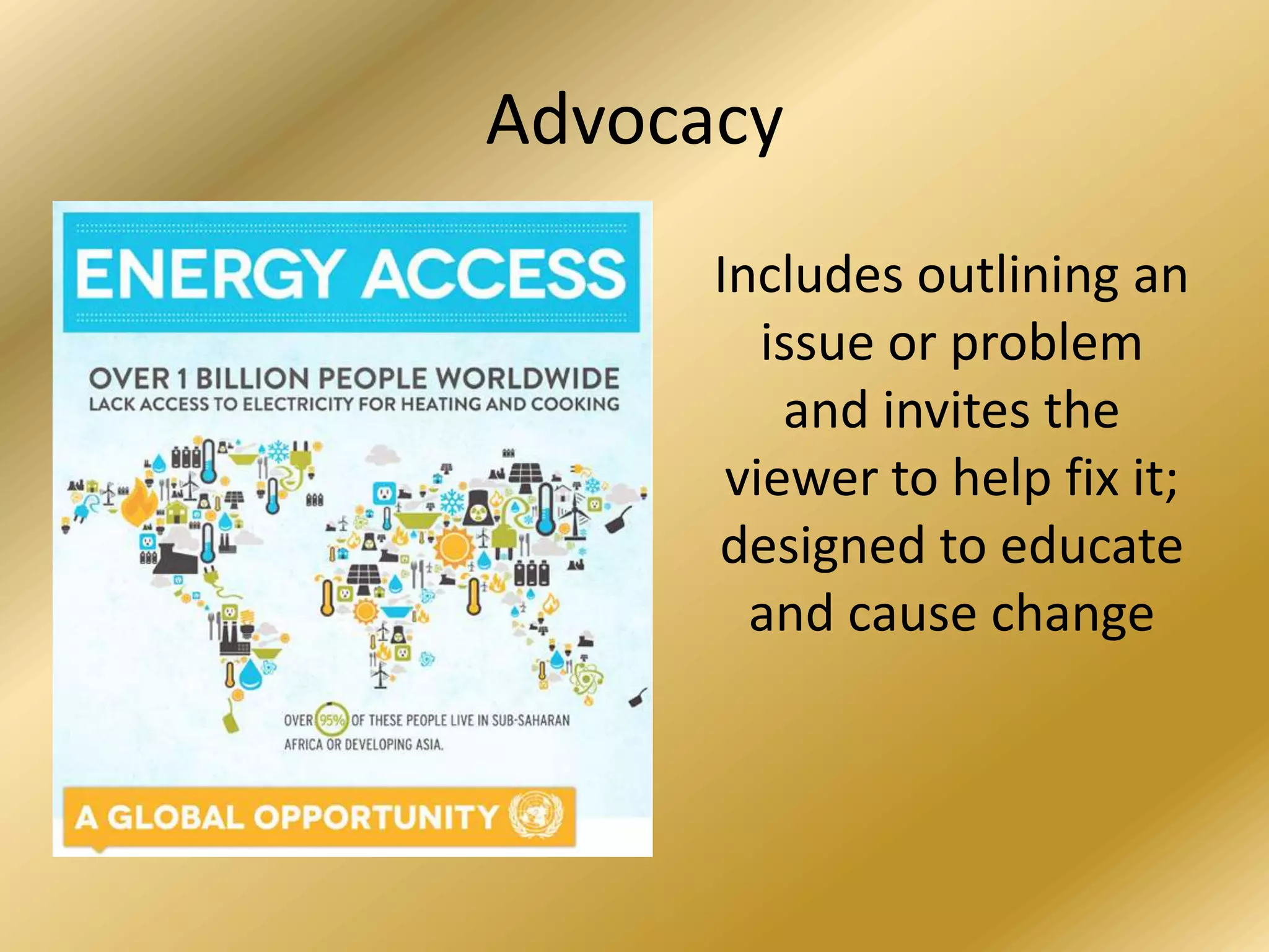 Advocacy
Includes outlining an
issue or problem
and invites the
viewer to help fix it;
designed to educate
and cause change
 