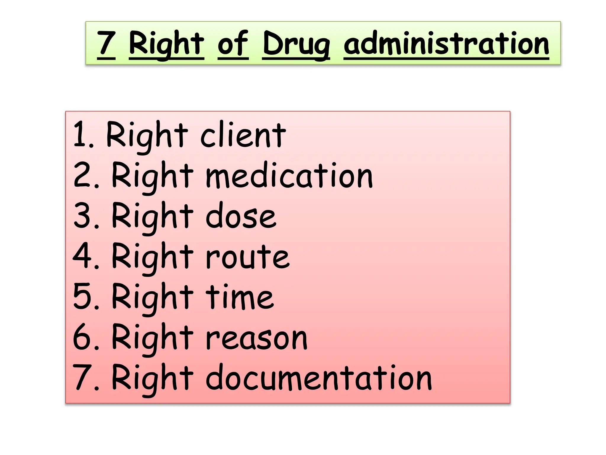 7 Right of Drug administration
1. Right client
2. Right medication
3. Right dose
4. Right route
5. Right time
6. Right reason
7. Right documentation
 